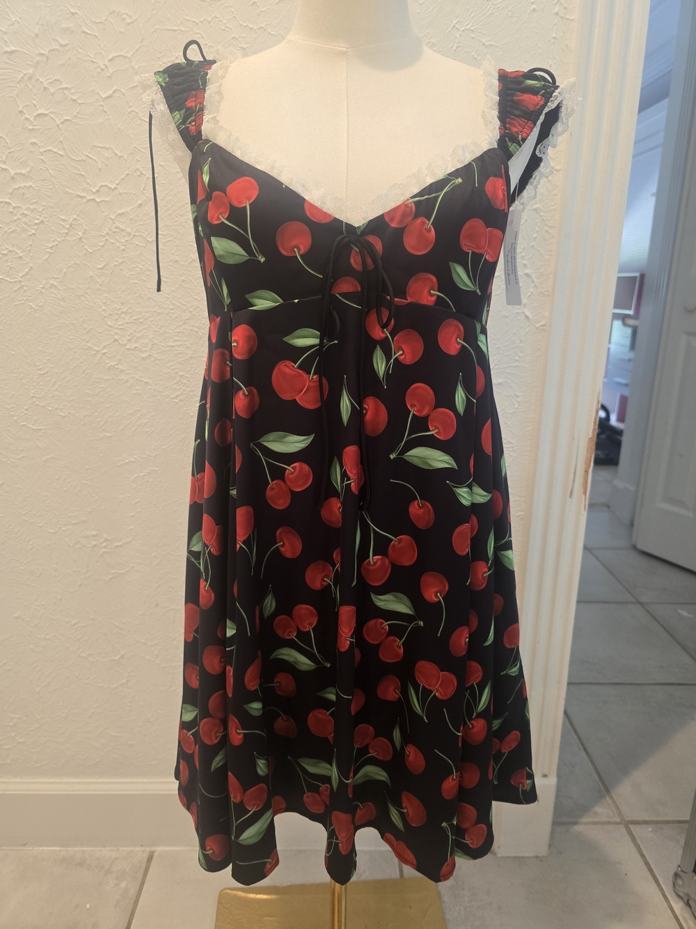 For Love & Lemons XL NWT Cherry Print Lace Open Back Mini Dress